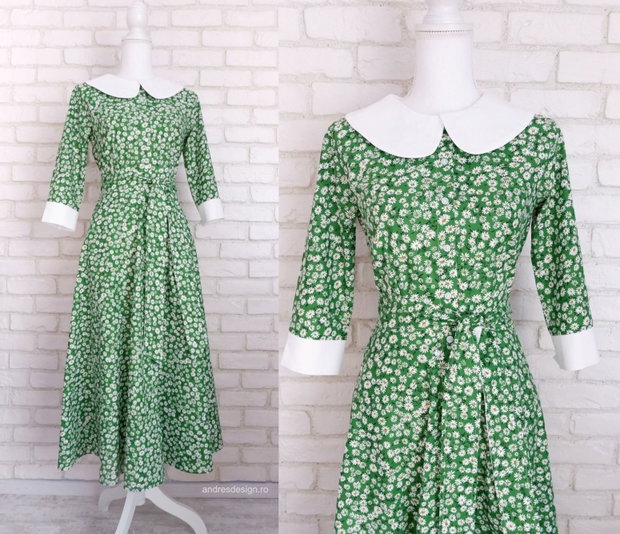 Rochie Camasa Verde cu Margarete si Guler Mare Rotund