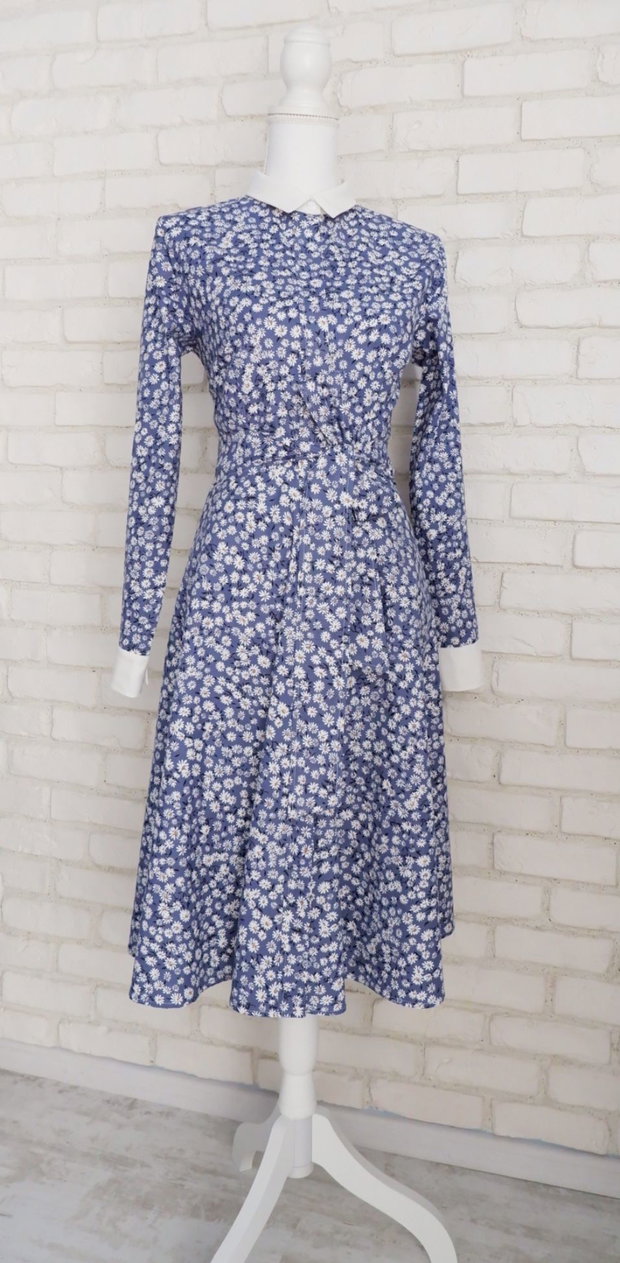 Rochie Camasa Verde cu Margarete si Guler Mare Rotund