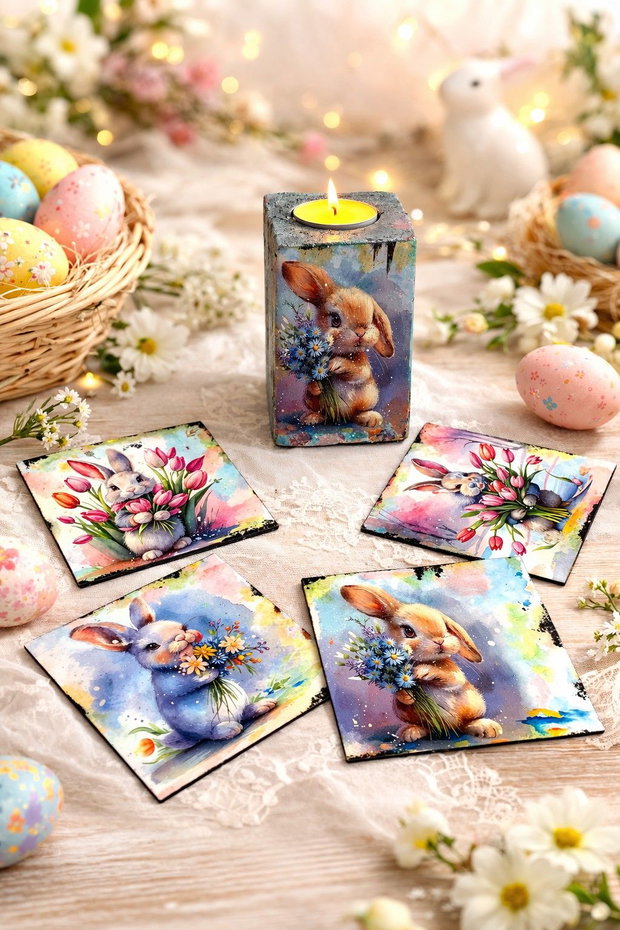 Set handmade Paște suport lumânare din lemn decorat manual + suporturi pahare cu iepurași 01904