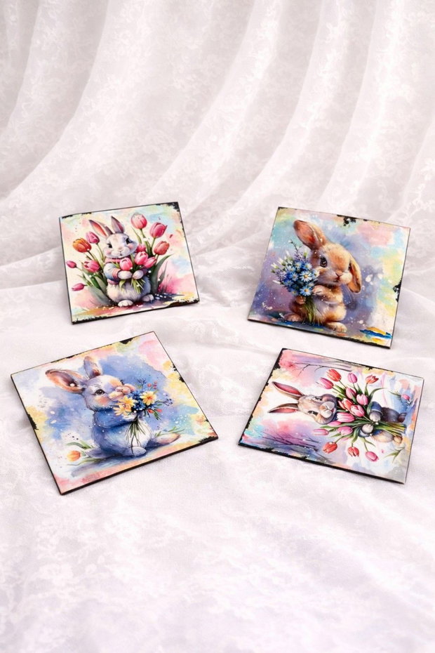 Set handmade Paște suport lumânare din lemn decorat manual + suporturi pahare cu iepurași 01904
