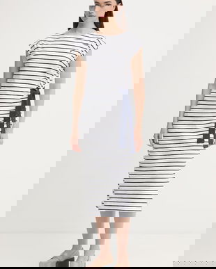 U.S. polo Assn. rochie din bumbac GROWN ON SLEEVE TIE-DETAIL STRIPE MIDI