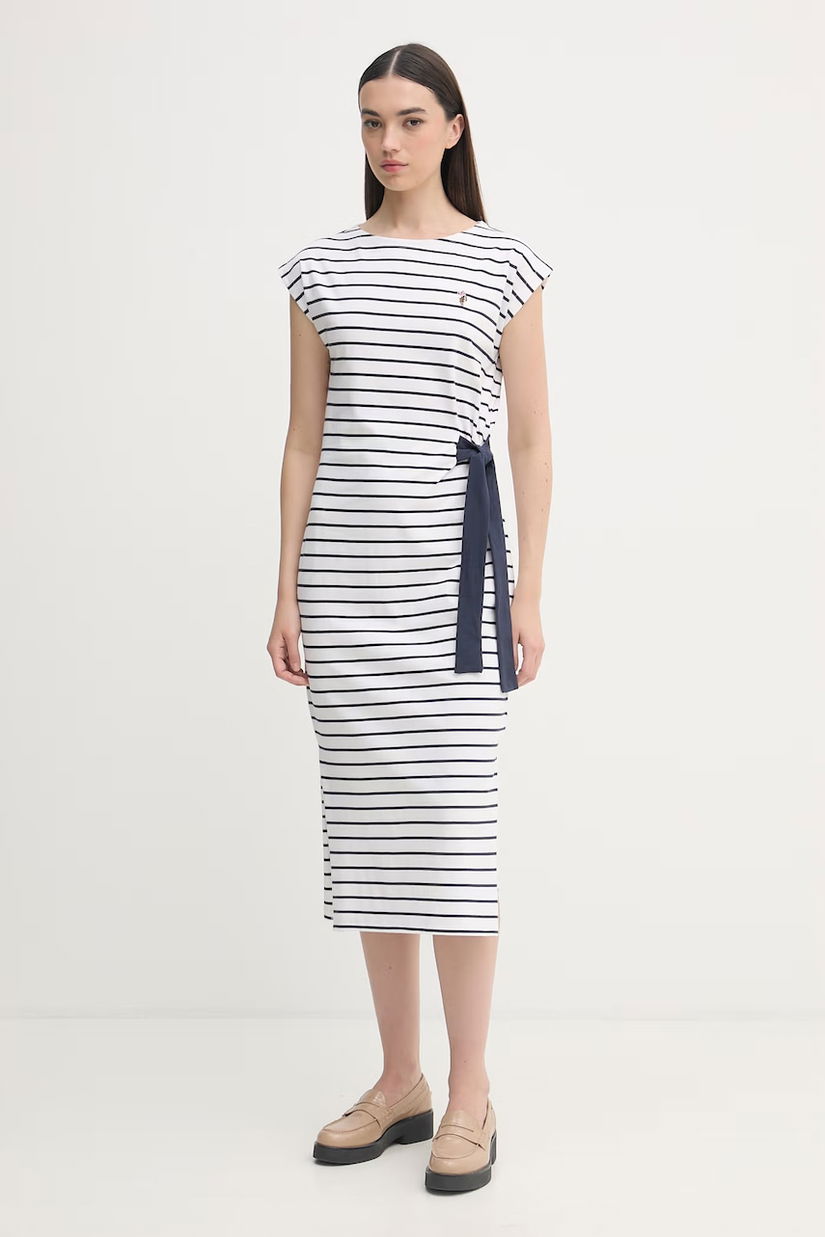 U.S. polo Assn. rochie din bumbac GROWN ON SLEEVE TIE-DETAIL STRIPE MIDI