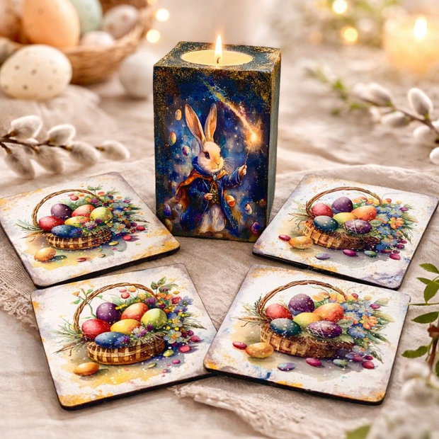 Set handmade Paște suport lumânare din lemn decorat manual + suporturi pahare cu iepurași 01905