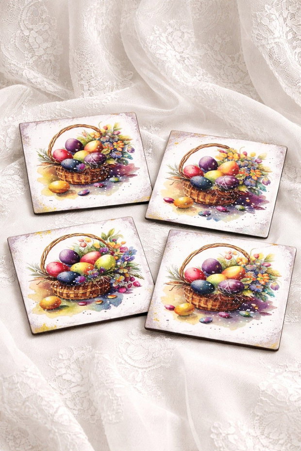Set handmade Paște suport lumânare din lemn decorat manual + suporturi pahare cu iepurași 01905