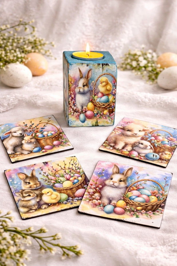 Set handmade Paște suport lumânare din lemn decorat manual + suporturi pahare cu iepurași 01906
