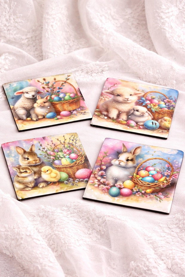 Set handmade Paște suport lumânare din lemn decorat manual + suporturi pahare cu iepurași 01906