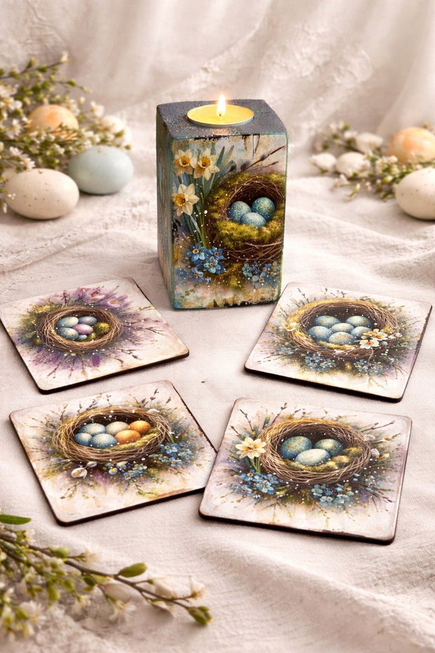 Set handmade Paște suport lumânare din lemn decorat manual + suporturi pahare cu iepurași 01907