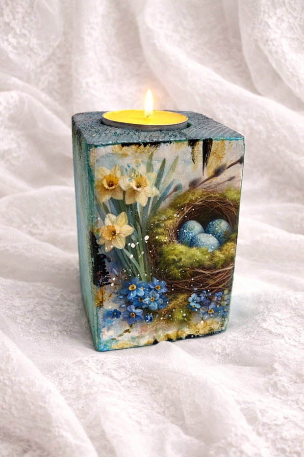Set handmade Paște suport lumânare din lemn decorat manual + suporturi pahare cu iepurași 01907