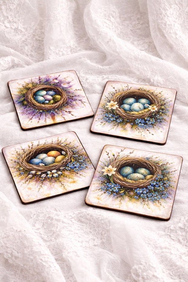 Set handmade Paște suport lumânare din lemn decorat manual + suporturi pahare cu iepurași 01907