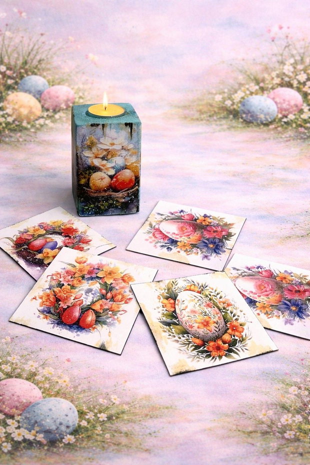 Set handmade Paște suport lumânare din lemn decorat manual + suporturi pahare cu iepurași 01908