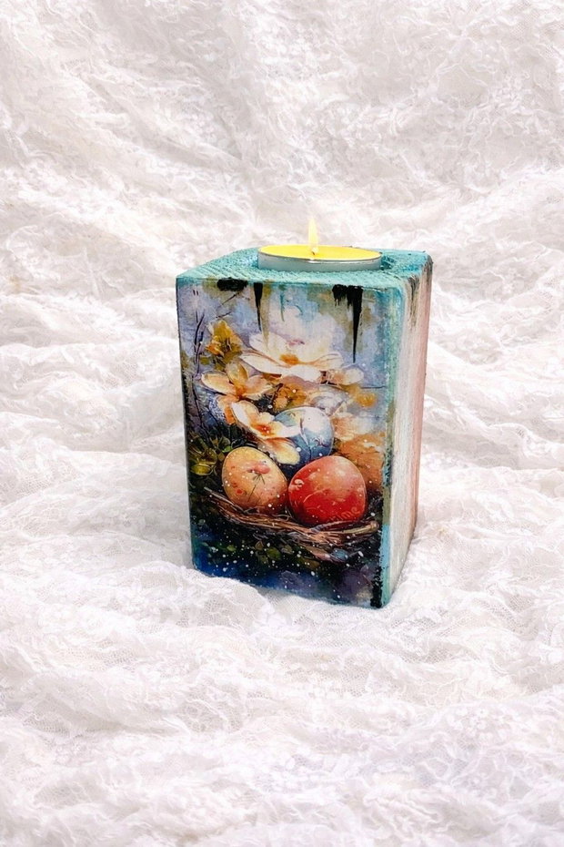 Set handmade Paște suport lumânare din lemn decorat manual + suporturi pahare cu iepurași 01908