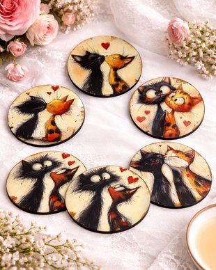 Suport pahare din lemn, decorat manual- Love Cats 01909
