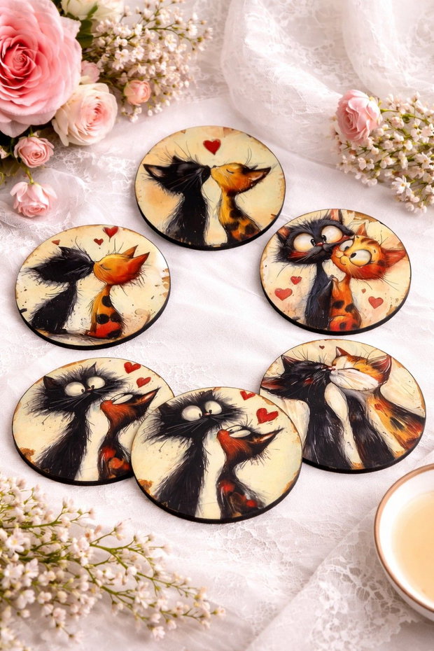Suport pahare din lemn, decorat manual- Love Cats 01909