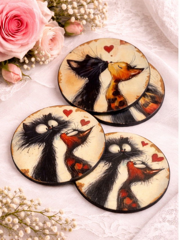 Suport pahare din lemn, decorat manual- Love Cats 01909