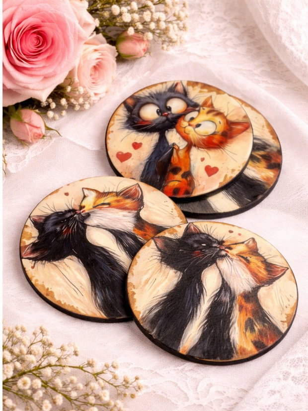 Suport pahare din lemn, decorat manual- Love Cats 01909