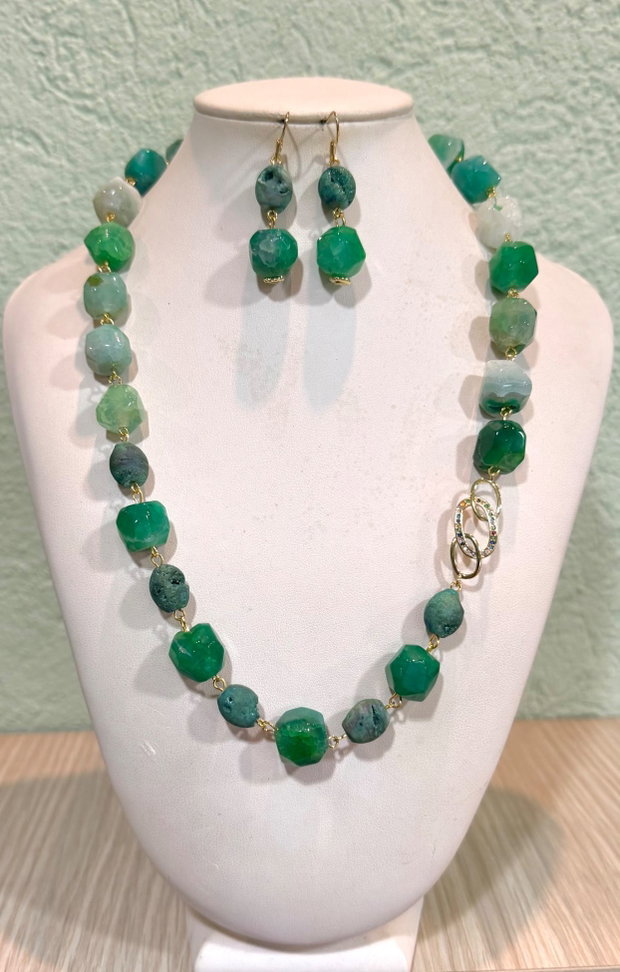 SET ~MOSS IN MORNING LIGHT~ agate maxifatetate,agate druzy,zirconia,inox auriu