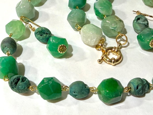 SET ~MOSS IN MORNING LIGHT~ agate maxifatetate,agate druzy,zirconia,inox auriu