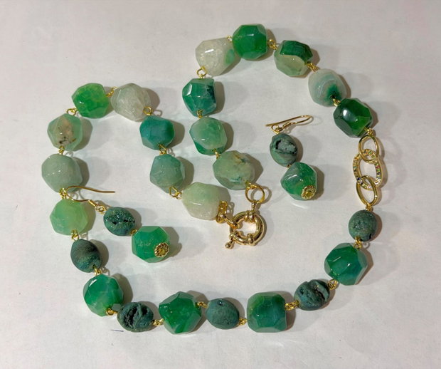 SET ~MOSS IN MORNING LIGHT~ agate maxifatetate,agate druzy,zirconia,inox auriu