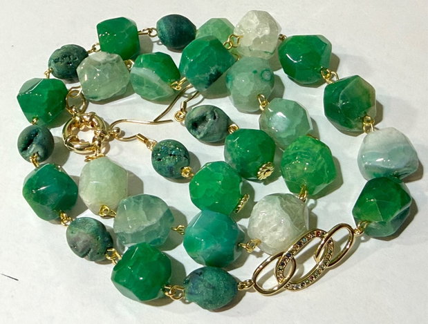 SET ~MOSS IN MORNING LIGHT~ agate maxifatetate,agate druzy,zirconia,inox auriu