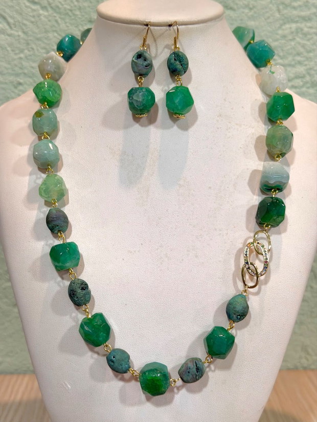 SET ~MOSS IN MORNING LIGHT~ agate maxifatetate,agate druzy,zirconia,inox auriu