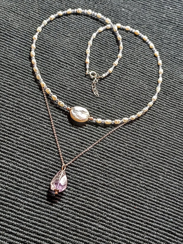 Colier argint ametist light perle naturtale de cultura baroc minimalist  boho chic trendy