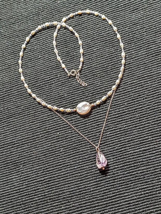 Colier argint ametist light perle naturtale de cultura baroc minimalist  boho chic trendy
