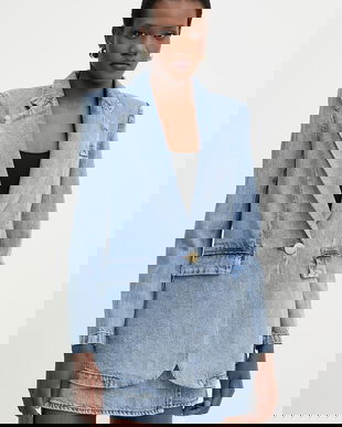 Armani Exchange sacou cu un singur rând de nasturi pentru femei, din denim