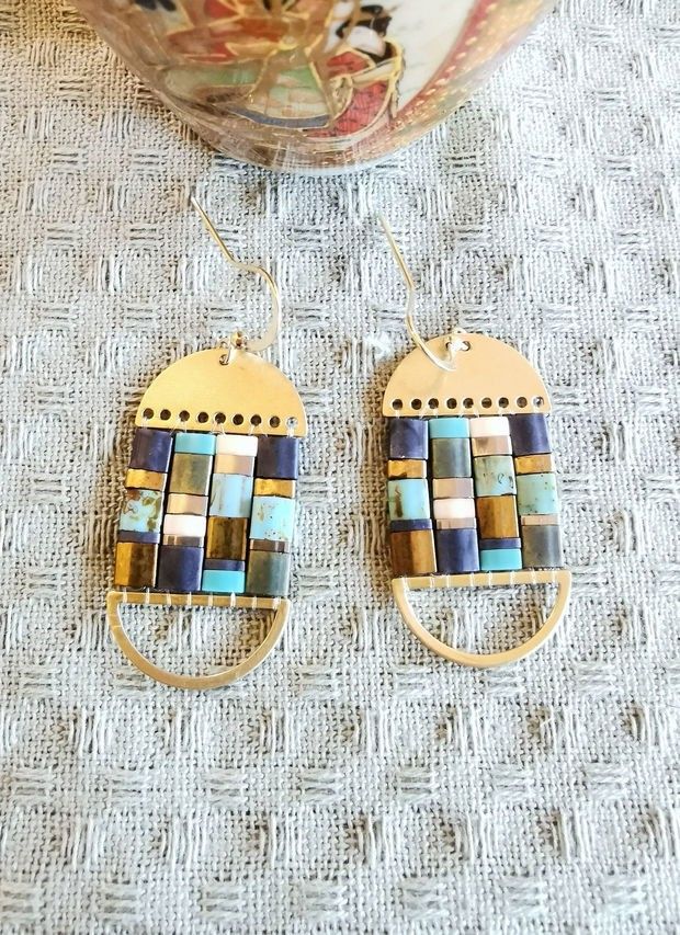 Cercei Boho Dangle cu Tila albastru si bronz, tortite placate cu aur 14k