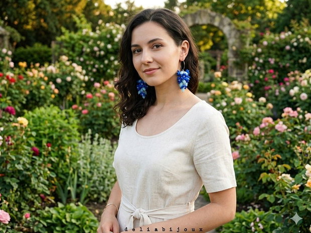 Cercei handmade cu flori albastre si margele de sticla bleu (cod1381)