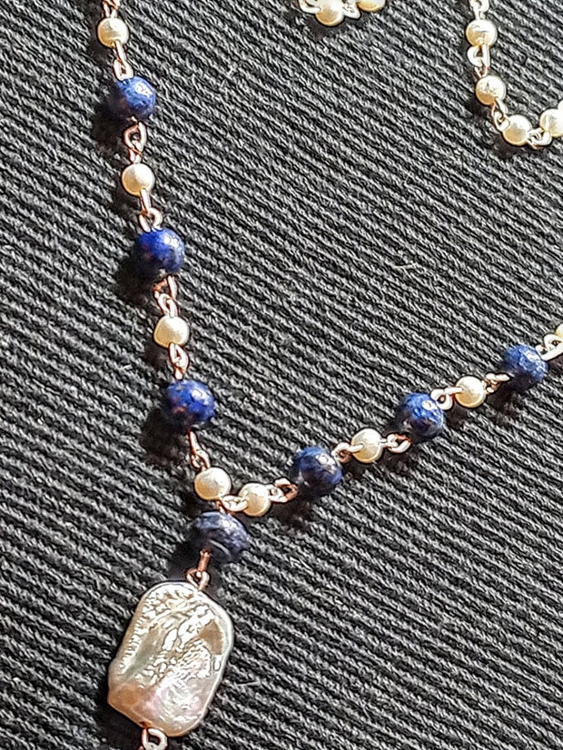 Colier argint lapis lazuli perle naturale de cultura boho chic trendy - Transport gratuit