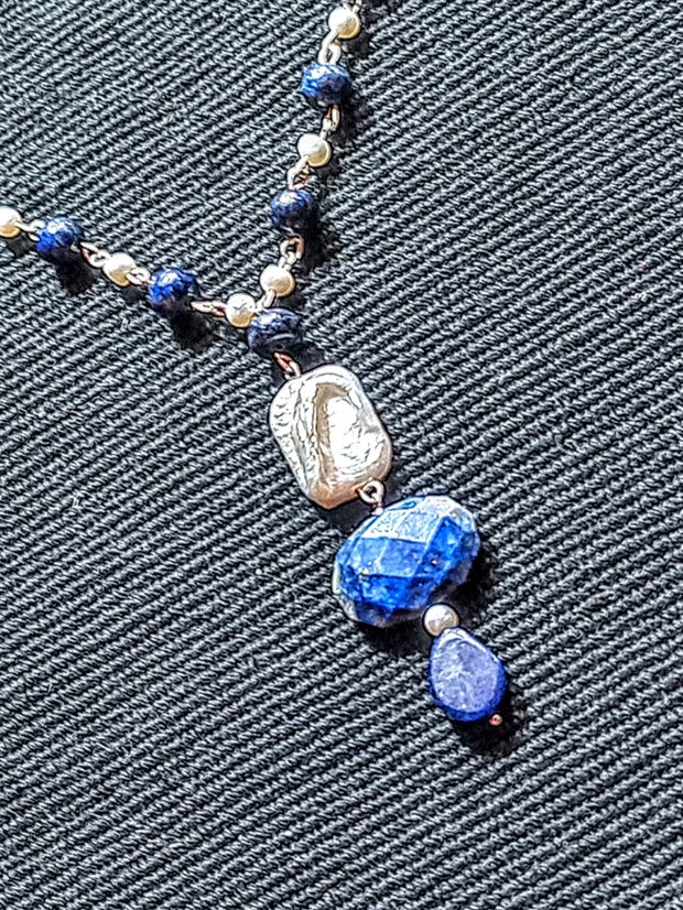 Colier argint lapis lazuli perle naturale de cultura boho chic trendy - Transport gratuit