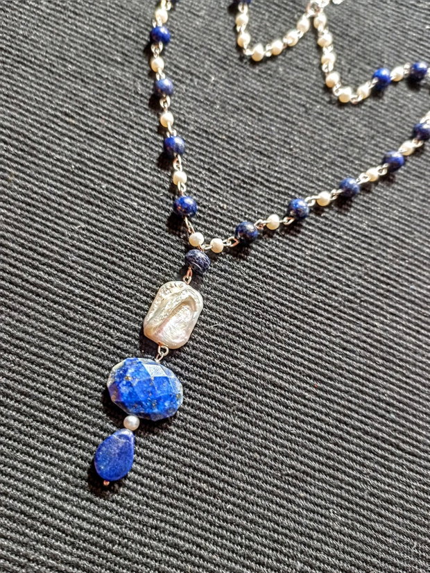 Colier argint lapis lazuli perle naturale de cultura boho chic trendy - Transport gratuit