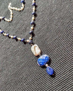 Colier argint lapis lazuli perle naturale de cultura boho chic trendy - Transport gratuit