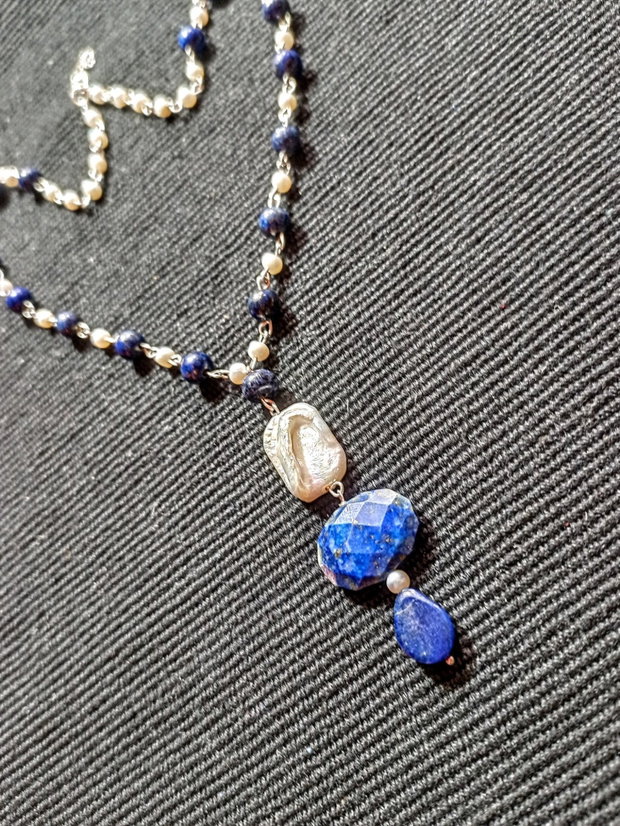 Colier argint lapis lazuli perle naturale de cultura boho chic trendy - Transport gratuit