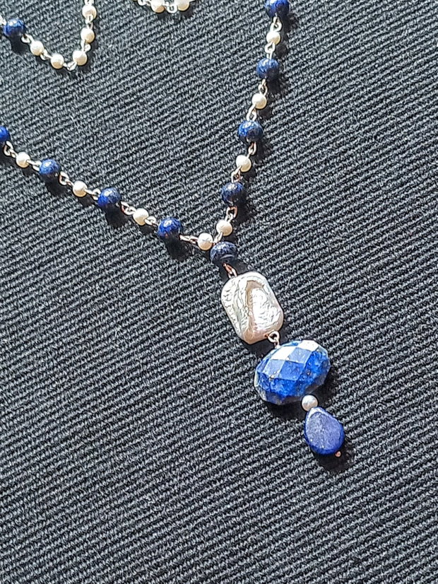 Colier argint lapis lazuli perle naturale de cultura boho chic trendy - Transport gratuit