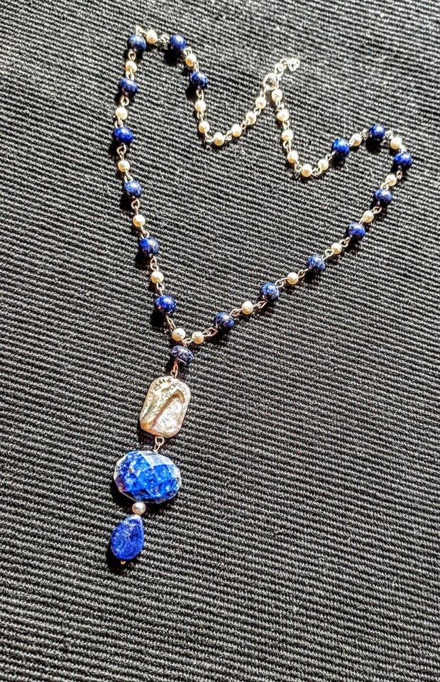 Colier argint lapis lazuli perle naturale de cultura boho chic trendy - Transport gratuit