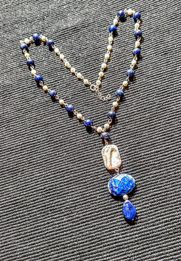 Colier argint lapis lazuli perle naturale de cultura boho chic trendy - Transport gratuit