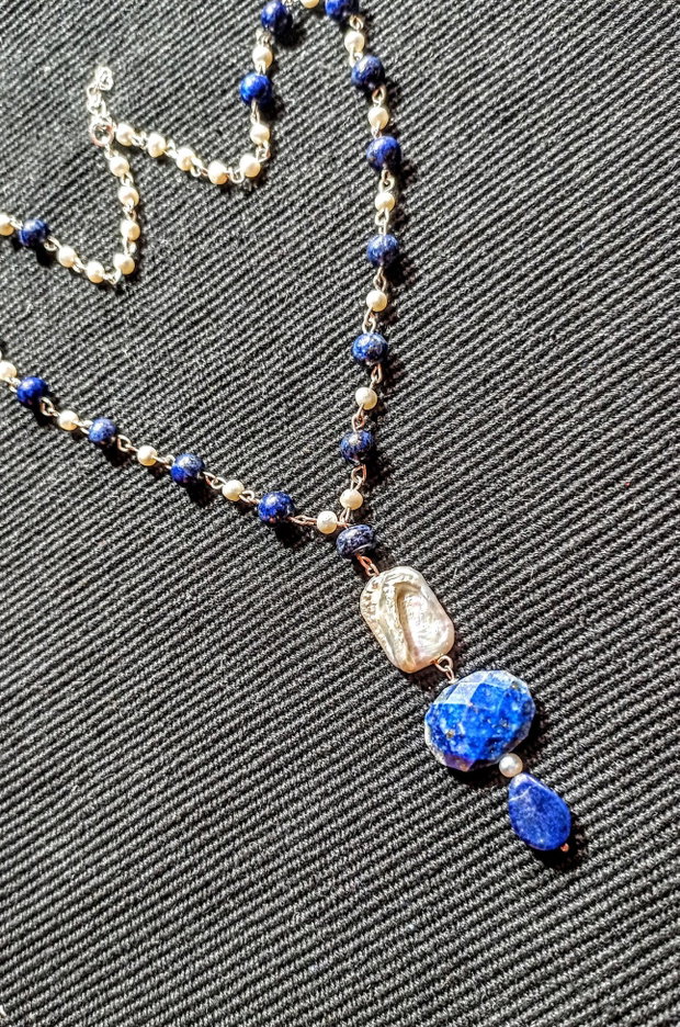 Colier argint lapis lazuli perle naturale de cultura boho chic trendy - Transport gratuit