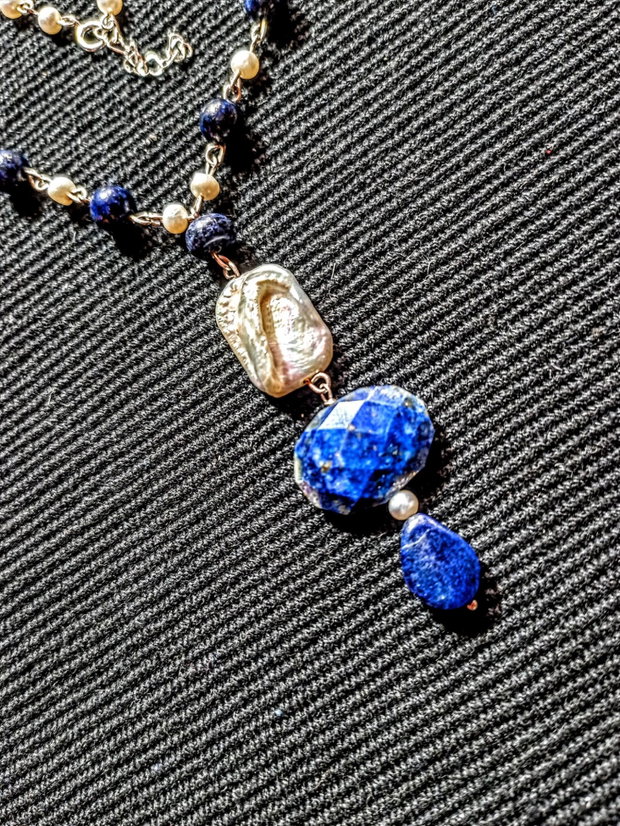Colier argint lapis lazuli perle naturale de cultura boho chic trendy - Transport gratuit