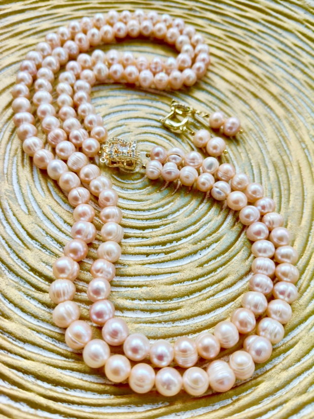 Set Colier dublu și cercei perle de cultura cais rose