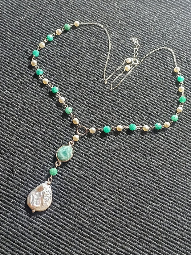 Colier argint amazonit perle naturale de cultura charm amazonit lant argint boho chic trendy
