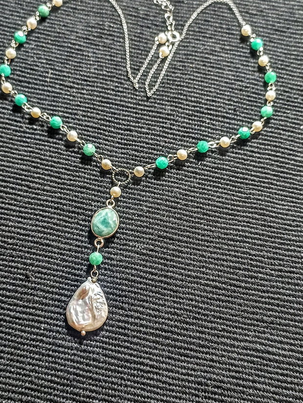 Colier argint amazonit perle naturale de cultura charm amazonit lant argint boho chic trendy