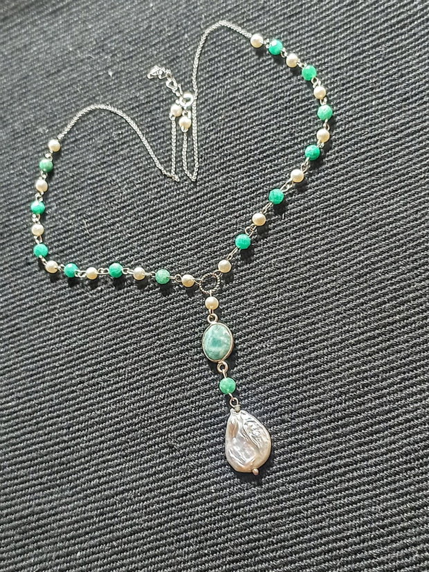 Colier argint amazonit perle naturale de cultura charm amazonit lant argint boho chic trendy