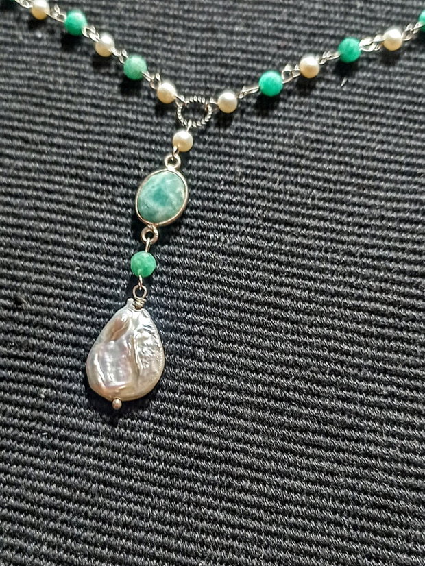 Colier argint amazonit perle naturale de cultura charm amazonit lant argint boho chic trendy