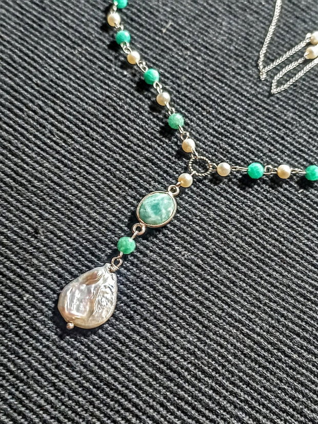 Colier argint amazonit perle naturale de cultura charm amazonit lant argint boho chic trendy
