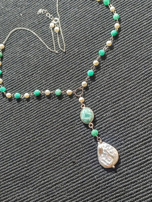 Colier argint amazonit perle naturale de cultura charm amazonit lant argint boho chic trendy