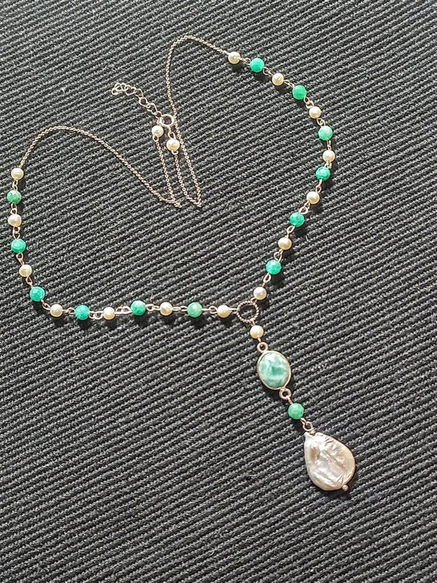 Colier argint amazonit perle naturale de cultura charm amazonit lant argint boho chic trendy