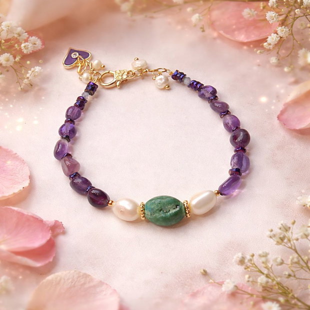 BRĂȚARĂ ~AMETHYST MOSS ~ ametist,hematit electroplacat,perle cultură,agata druzy,inox auriu