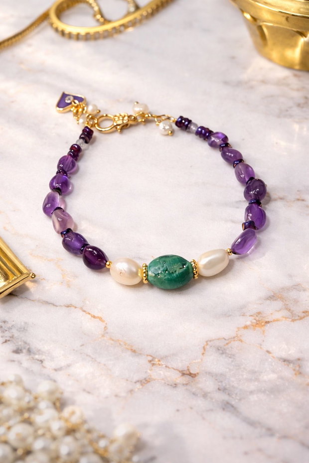 BRĂȚARĂ ~AMETHYST MOSS ~ ametist,hematit electroplacat,perle cultură,agata druzy,inox auriu