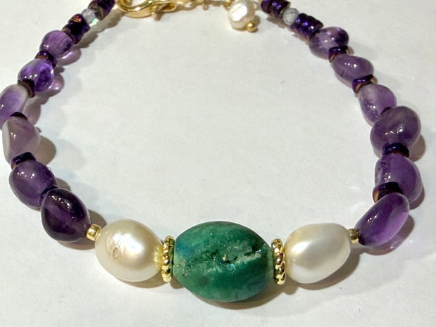 BRĂȚARĂ ~AMETHYST MOSS ~ ametist,hematit electroplacat,perle cultură,agata druzy,inox auriu